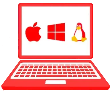 Portátil con iconos de Windows, Apple y Linux representando servicios informáticos multiplataforma