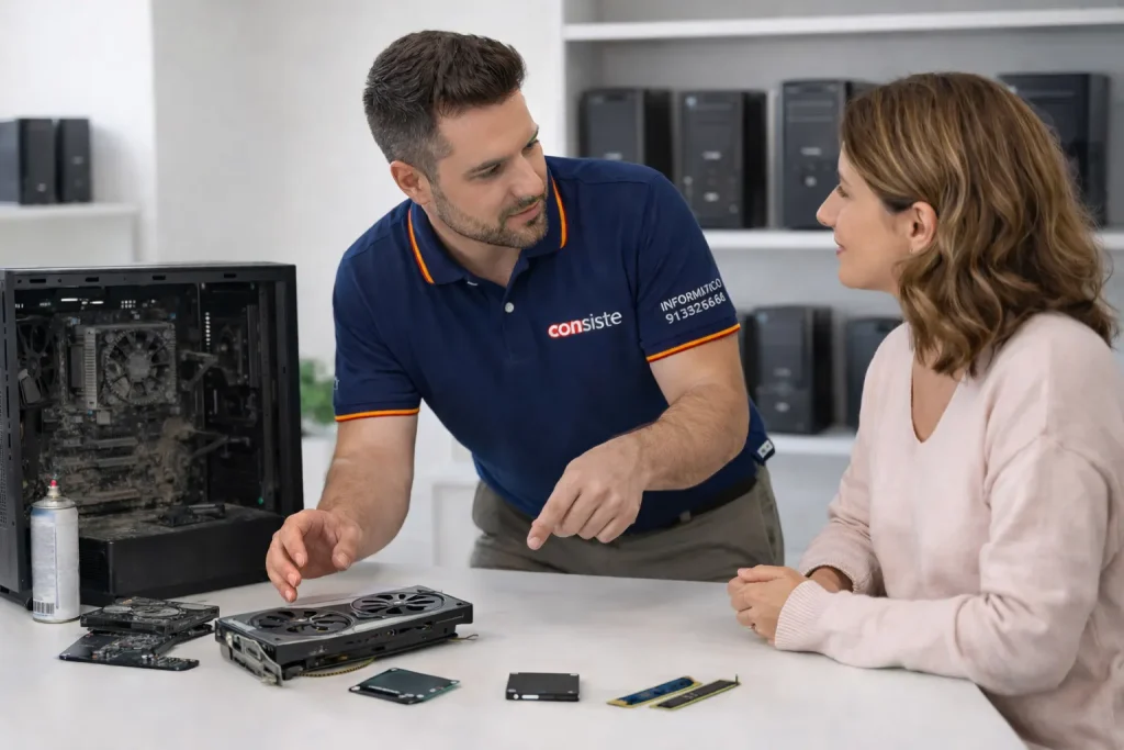 Técnico informático de Consiste asesorando a una cliente sobre reparar o cambiar su ordenador en Boadilla del Monte