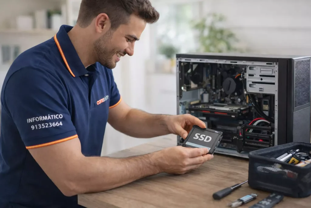 Técnico informático de Consiste cambiando un disco duro por un SSD para mejorar el rendimiento de un ordenador en Boadilla del Monte
