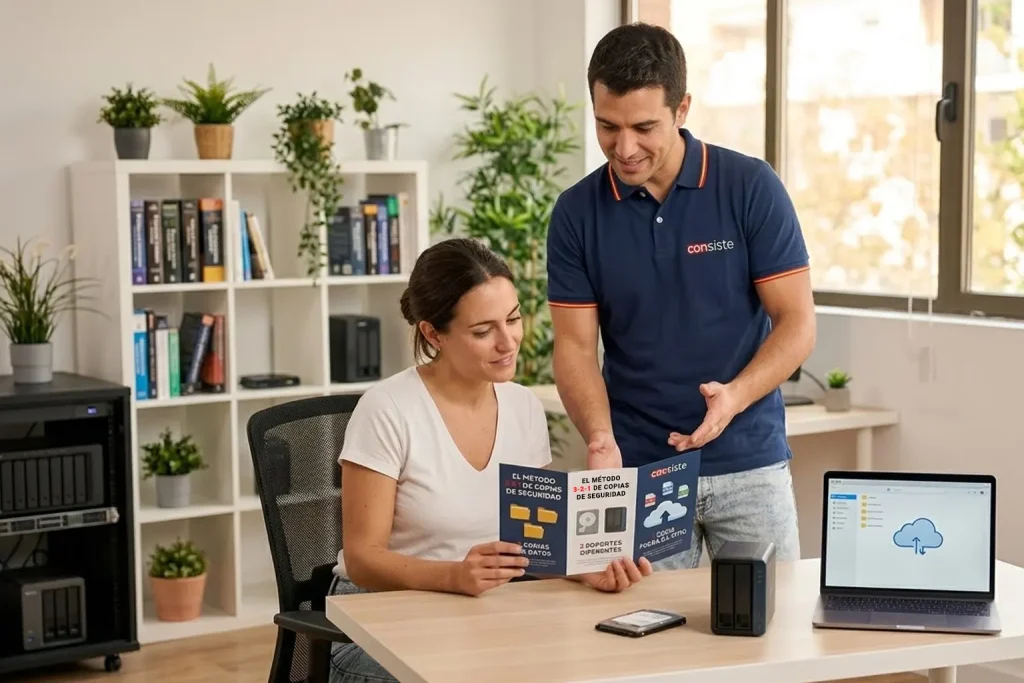Técnico informático configurando copia de seguridad con NAS y portátil en casa de cliente
