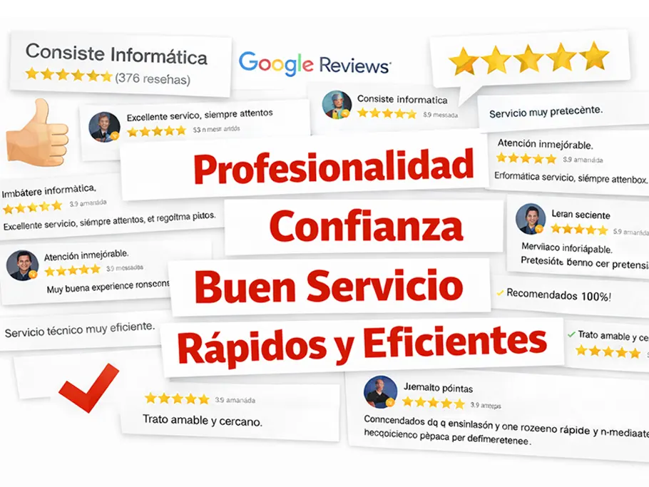 Collage de reseñas de Google de Consiste Informática con palabras destacadas en rojo: profesionalidad, confianza, buen servicio y rapidez, sobre fondo blanco.