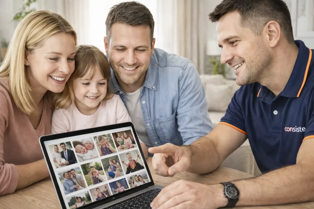 Familia viendo fotos en portátil mientras técnico informático explica copia de seguridad en Boadilla del Monte