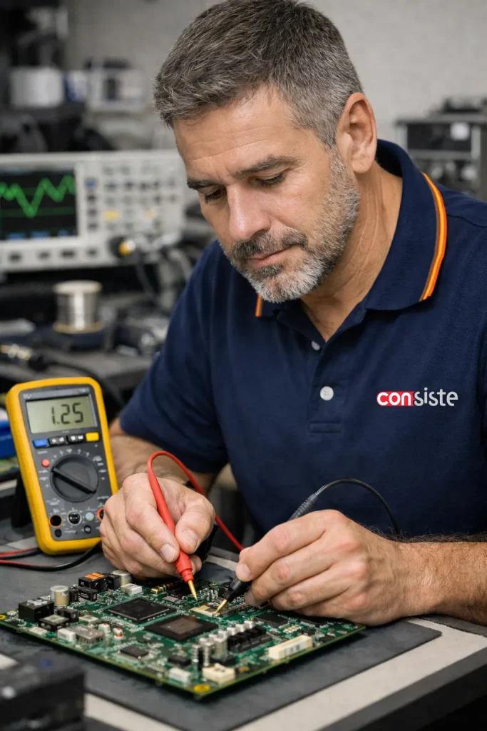 Técnico electrónico de Consiste Informática realizando diagnóstico de placa base con multímetro en laboratorio profesional en Boadilla del Monte