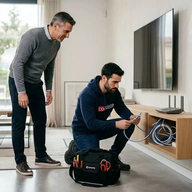 técnico configurando red wifi en un domicilio con servicio informático a domicilio en Boadilla del Monte