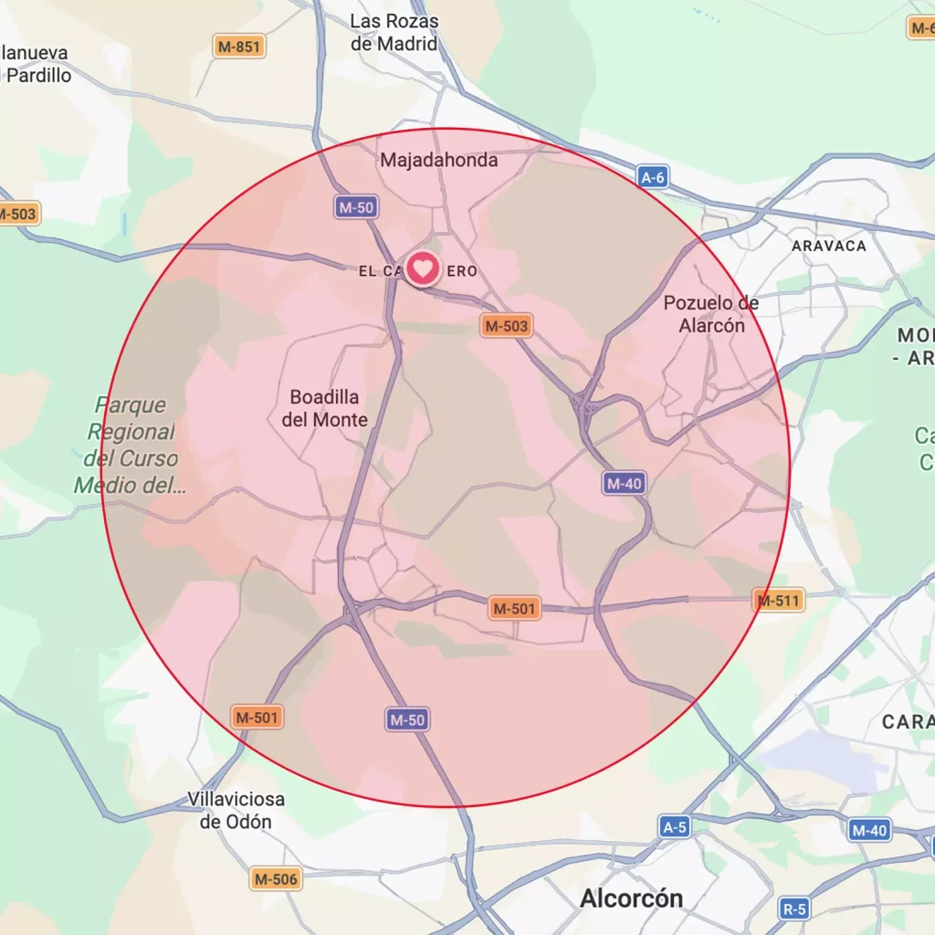 Mapa del área de servicio informático de Consiste Informática en Boadilla del Monte, Pozuelo de Alarcón, Majadahonda y Villaviciosa de Odón