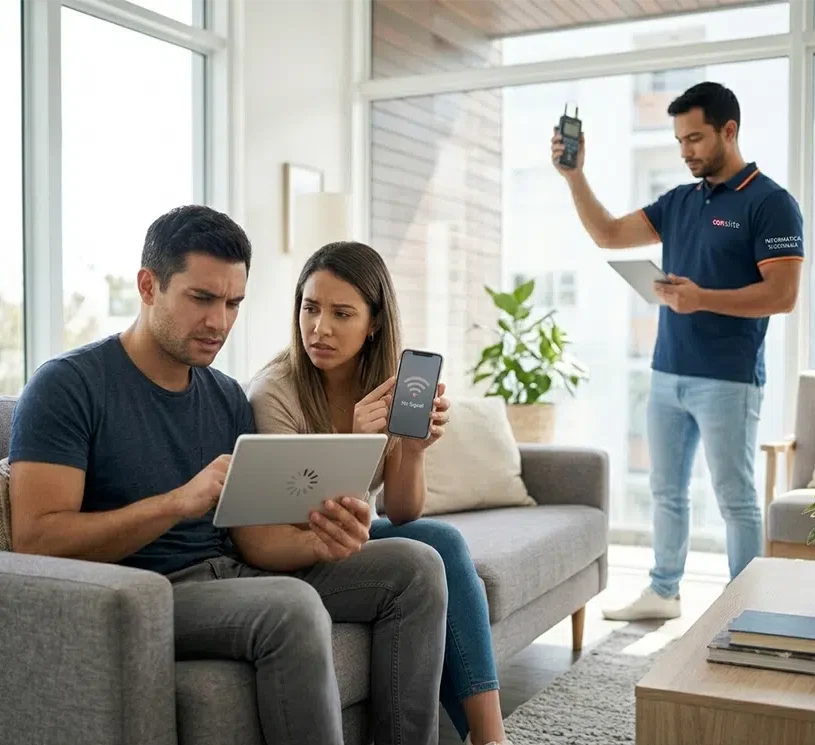 Pareja frustrada mirando sus dispositivos sin conexión a internet, mientras un técnico especialista de Consiste Informática evalúa la señal WiFi al fondo en una casa de Boadilla del Monte.